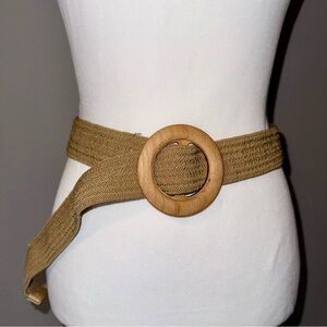 Stretch Elastic Women’s Woven Belt Wooden Buckle Tan Beige BOHO Chic Casual‎